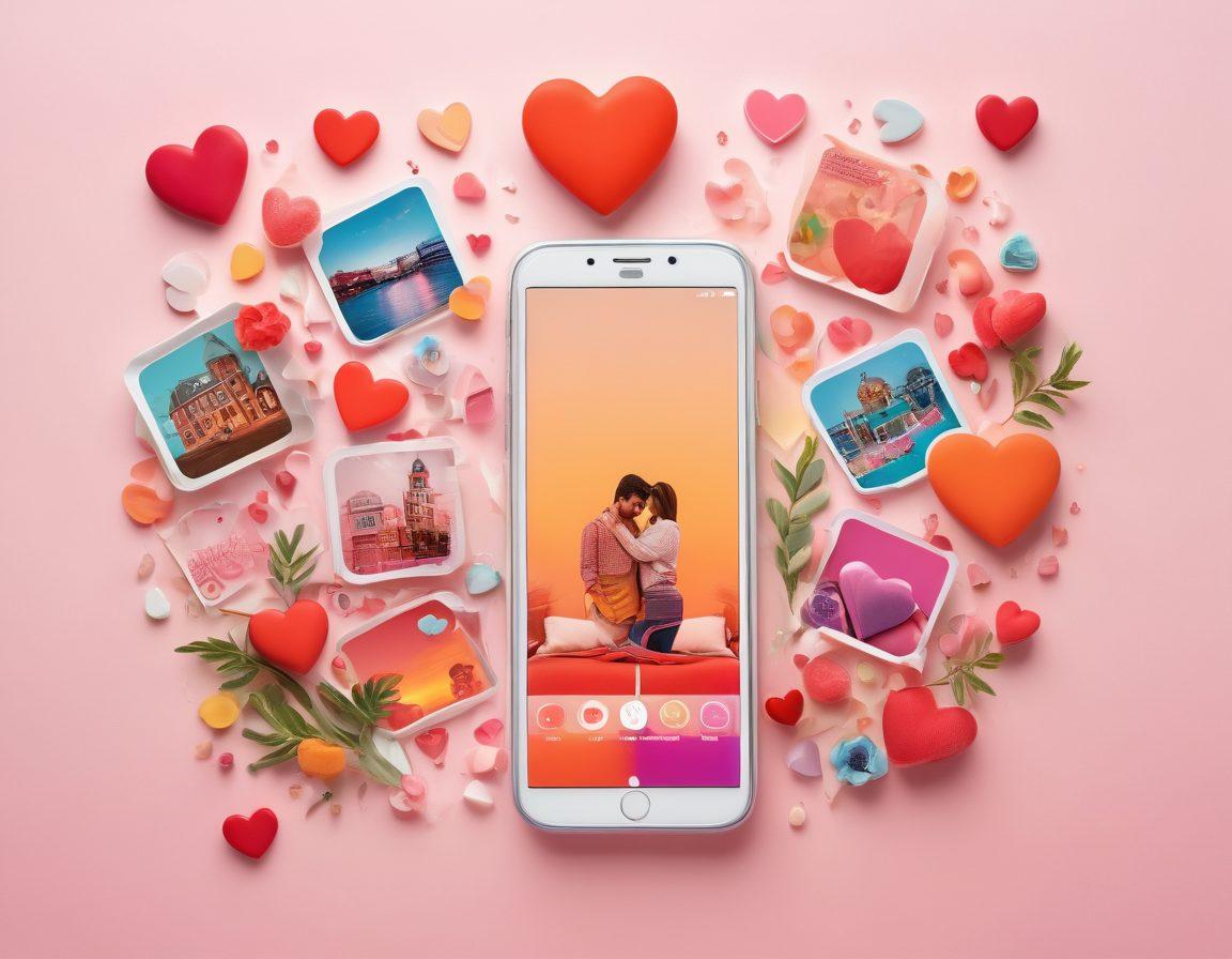 A vibrant collage of smartphone screens displaying various romance-themed mobile apps with colorful icons, hearts, and playful designs. Include elements like couples interacting through video calls and dating profiles in a cozy, warm atmosphere that exudes love and connection. Use a soft pastel color palette to evoke warmth and affection. super-realistic. vibrant colors. white background.