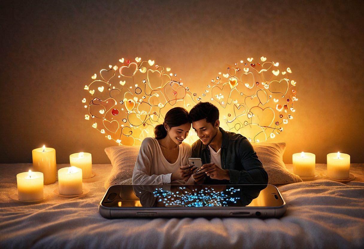 A cozy romantic setting featuring a couple using various mobile devices to connect, surrounded by playful symbols of modern romance like chat bubbles and heart emojis. The background should have soft, warm lighting, with elements such as candles and flowers enhancing the atmosphere. Include a subtle touch of technology, like a smartphone displaying a sweet text message. Emphasize intimacy and connection. super-realistic. vibrant colors. warm tones.