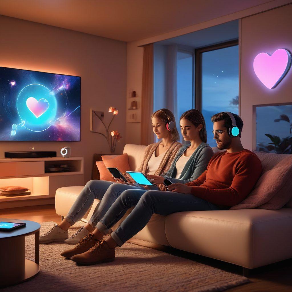 A futuristic couple interacting with their smart devices in a cozy, modern living room. The screen glows with vibrant heart icons, and digital love messages float around them. They are surrounded by elements symbolizing technology and romance, like a smart speaker playing romantic music and virtual reality elements. Soft lighting creates a warm atmosphere. super-realistic. vibrant colors. cozy ambiance.
